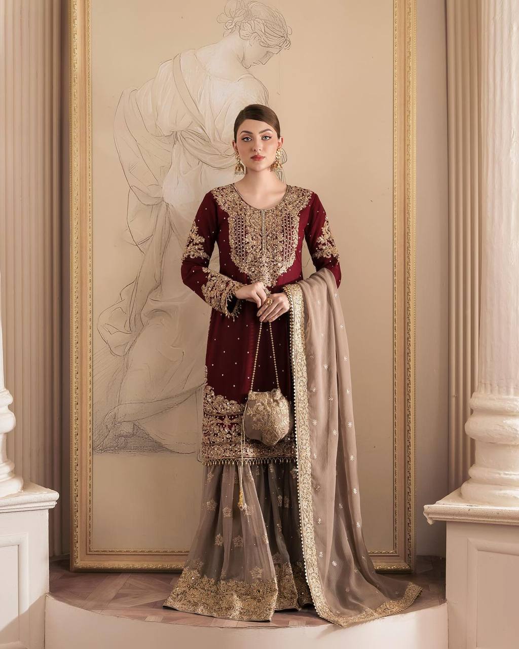 "Classic Maroon Kurta with Gold Sharara & Dupatta | Krushi Life Style "