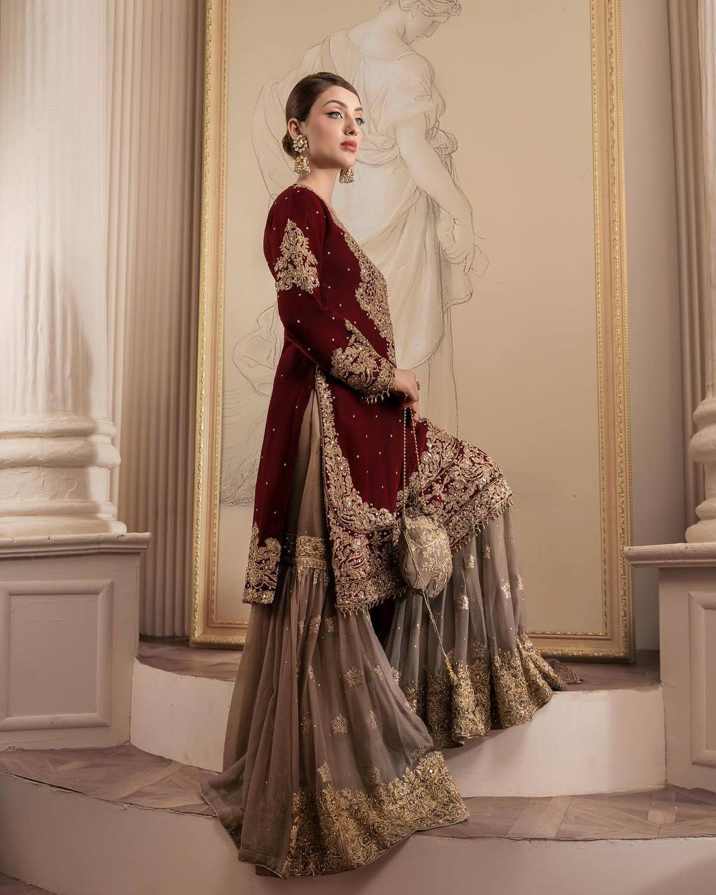 "Classic Maroon Kurta with Gold Sharara & Dupatta | Krushi Life Style "