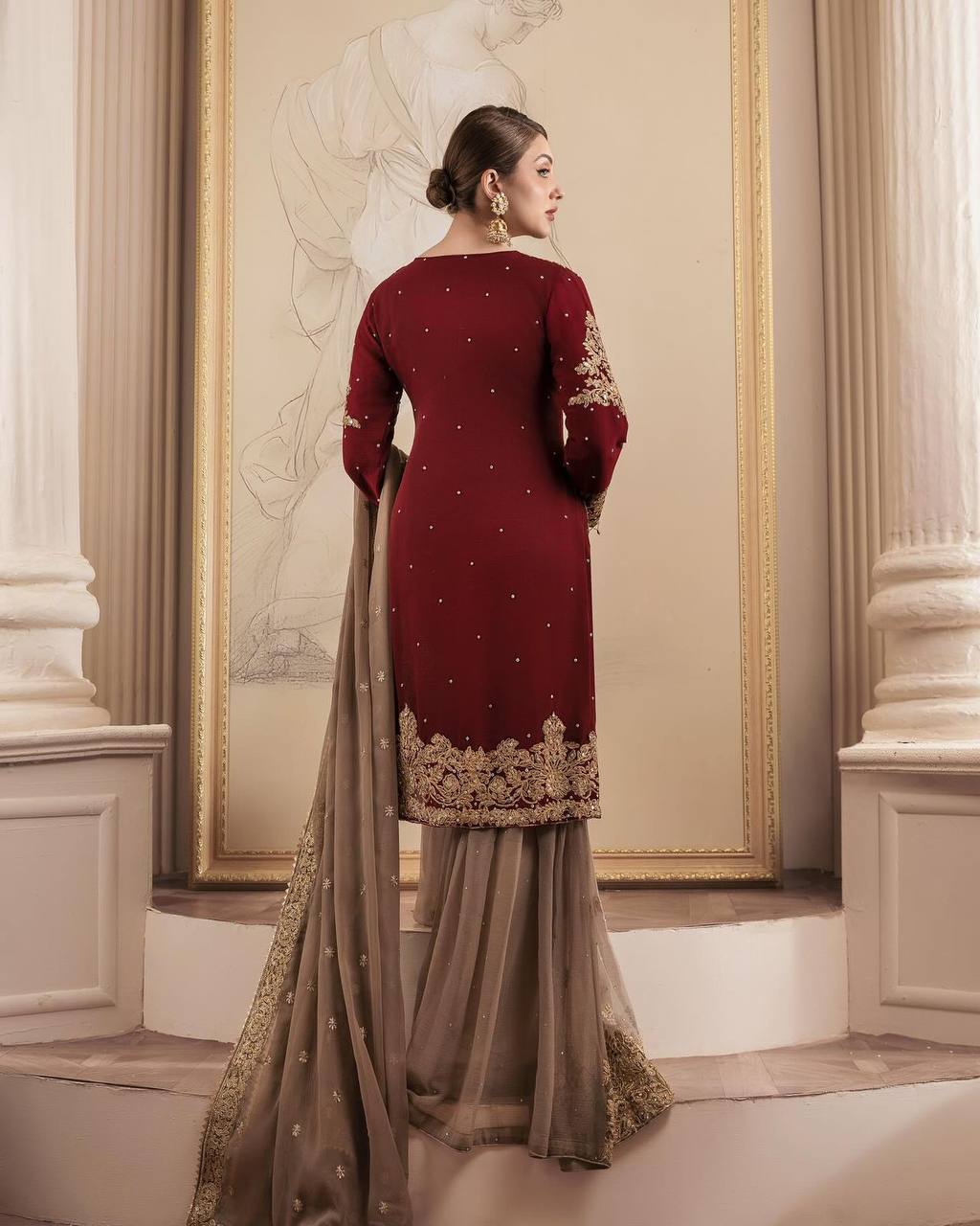 "Classic Maroon Kurta with Gold Sharara & Dupatta | Krushi Life Style "