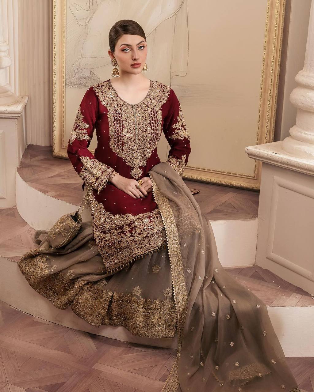"Classic Maroon Kurta with Gold Sharara & Dupatta | Krushi Life Style "