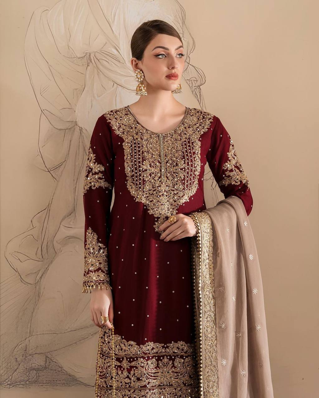 "Classic Maroon Kurta with Gold Sharara & Dupatta | Krushi Life Style "