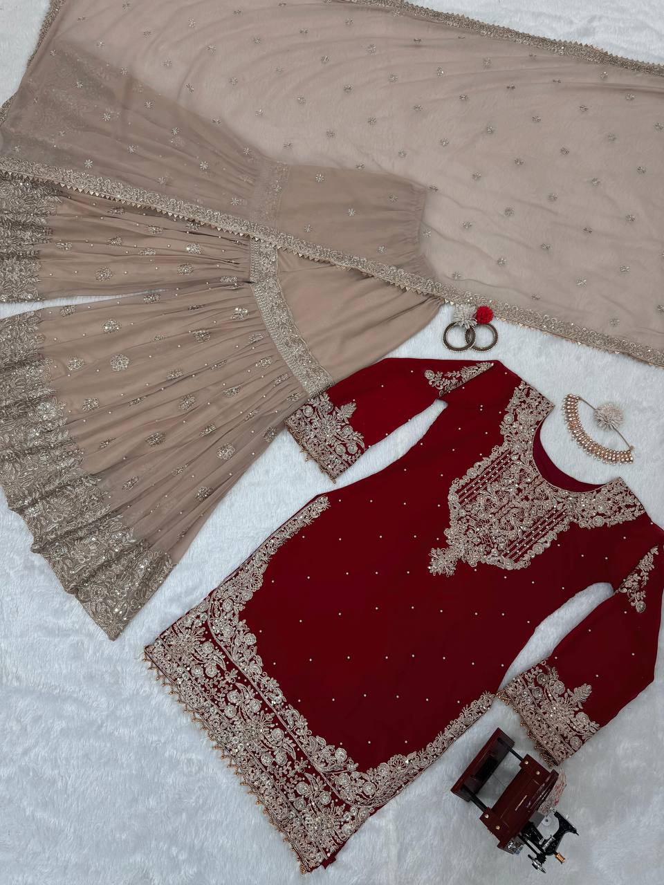 "Classic Maroon Kurta with Gold Sharara & Dupatta | Krushi Life Style "
