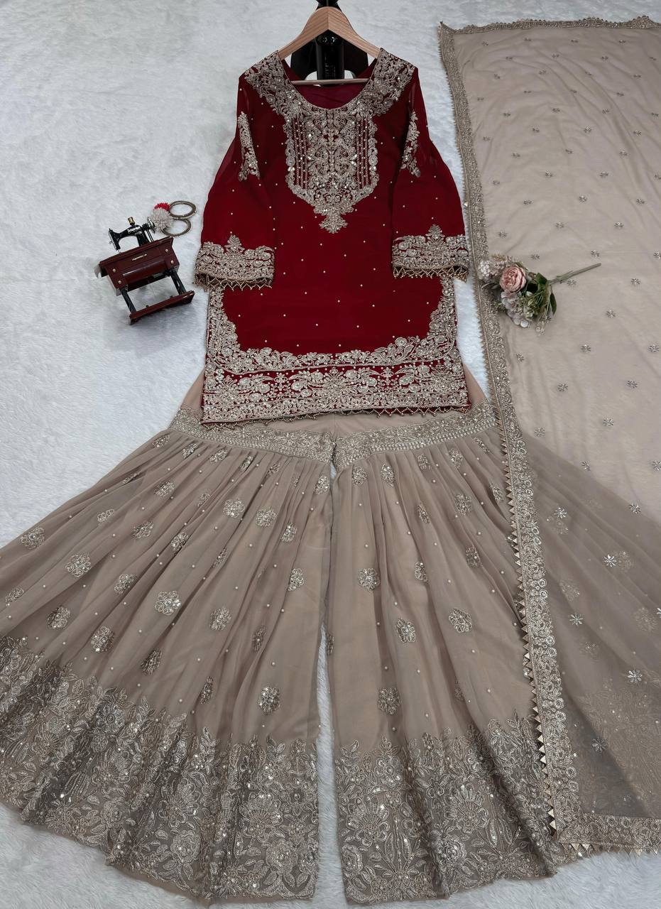 "Classic Maroon Kurta with Gold Sharara & Dupatta | Krushi Life Style "