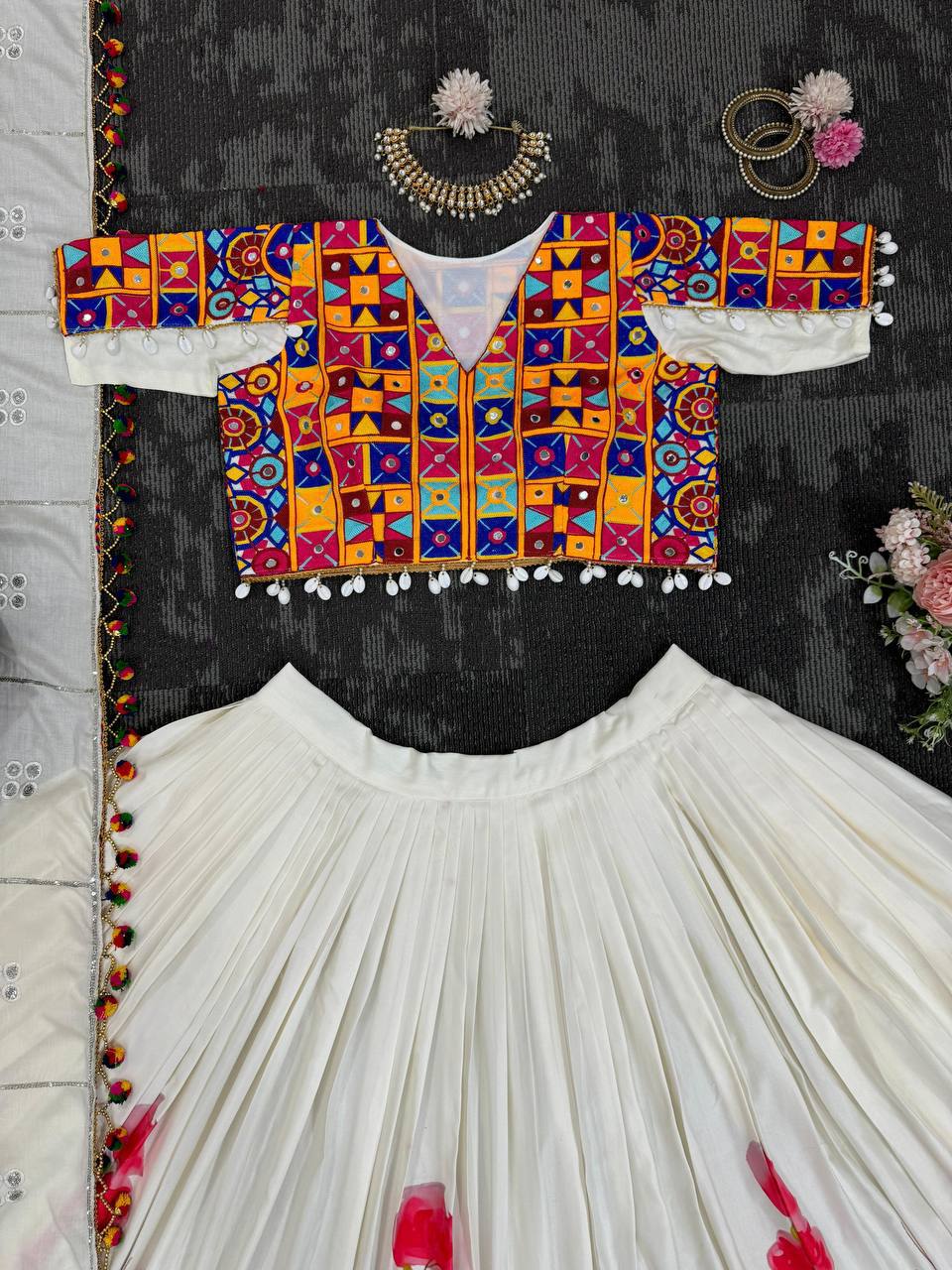 "Vibrant Kutchi Mirror Work Choli with Hand Work-Painted Lehenga – Perfect Navratri Garba Look | Krushi Life Style"