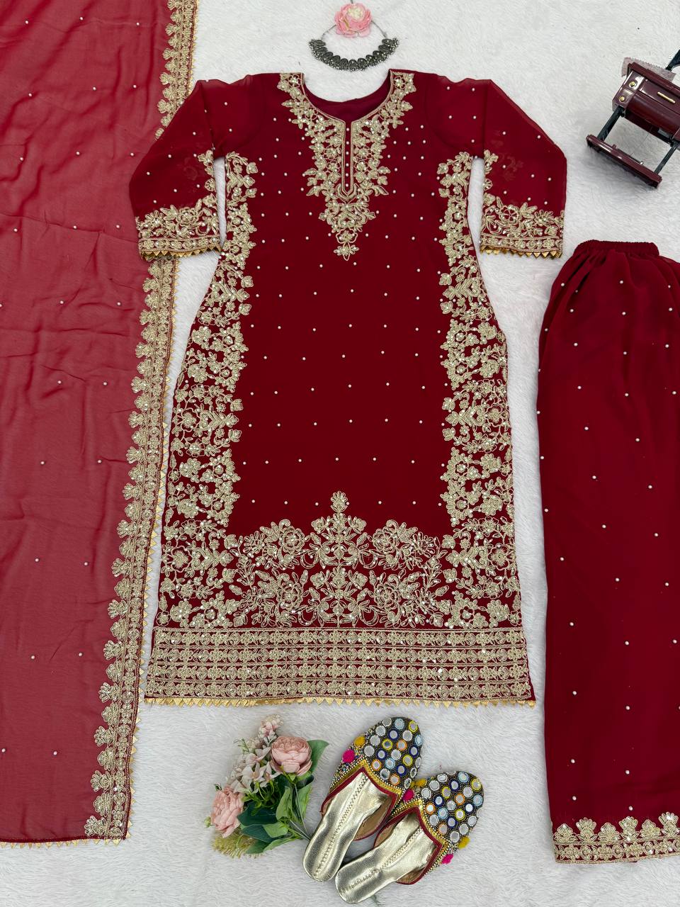 Luxury Maroon Pakistani Suit with Dupatta – Ethnic Wear |Krushi Life Style