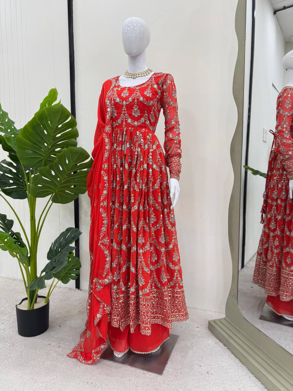 "Elegant Red Anarkali Suit with Intricate Silver Embroidery"