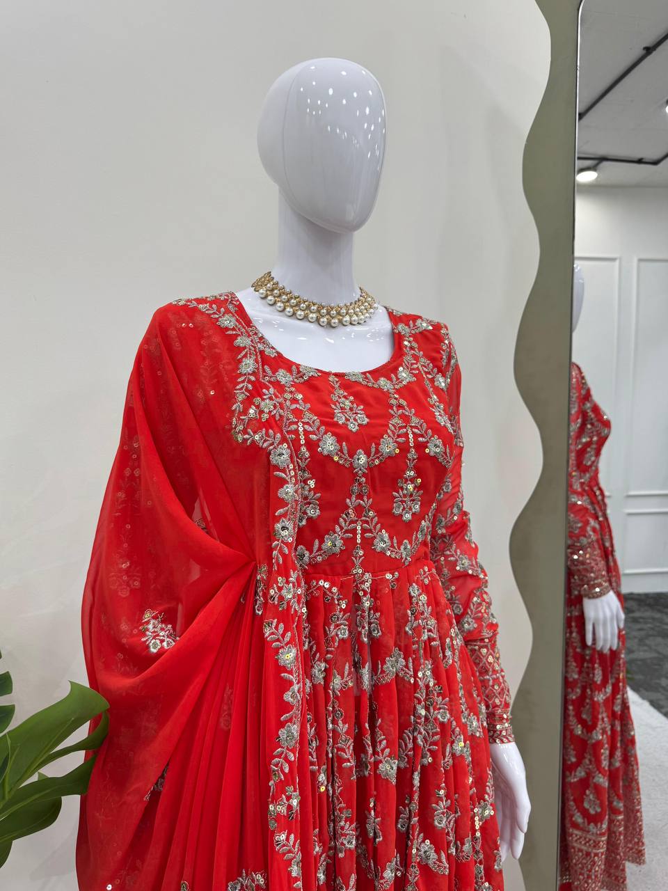 "Elegant Red Anarkali Suit with Intricate Silver Embroidery"