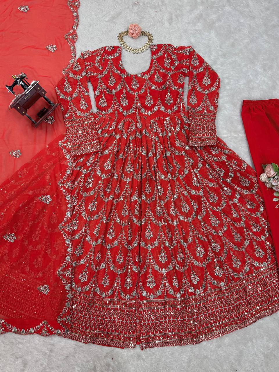 "Elegant Red Anarkali Suit with Intricate Silver Embroidery"