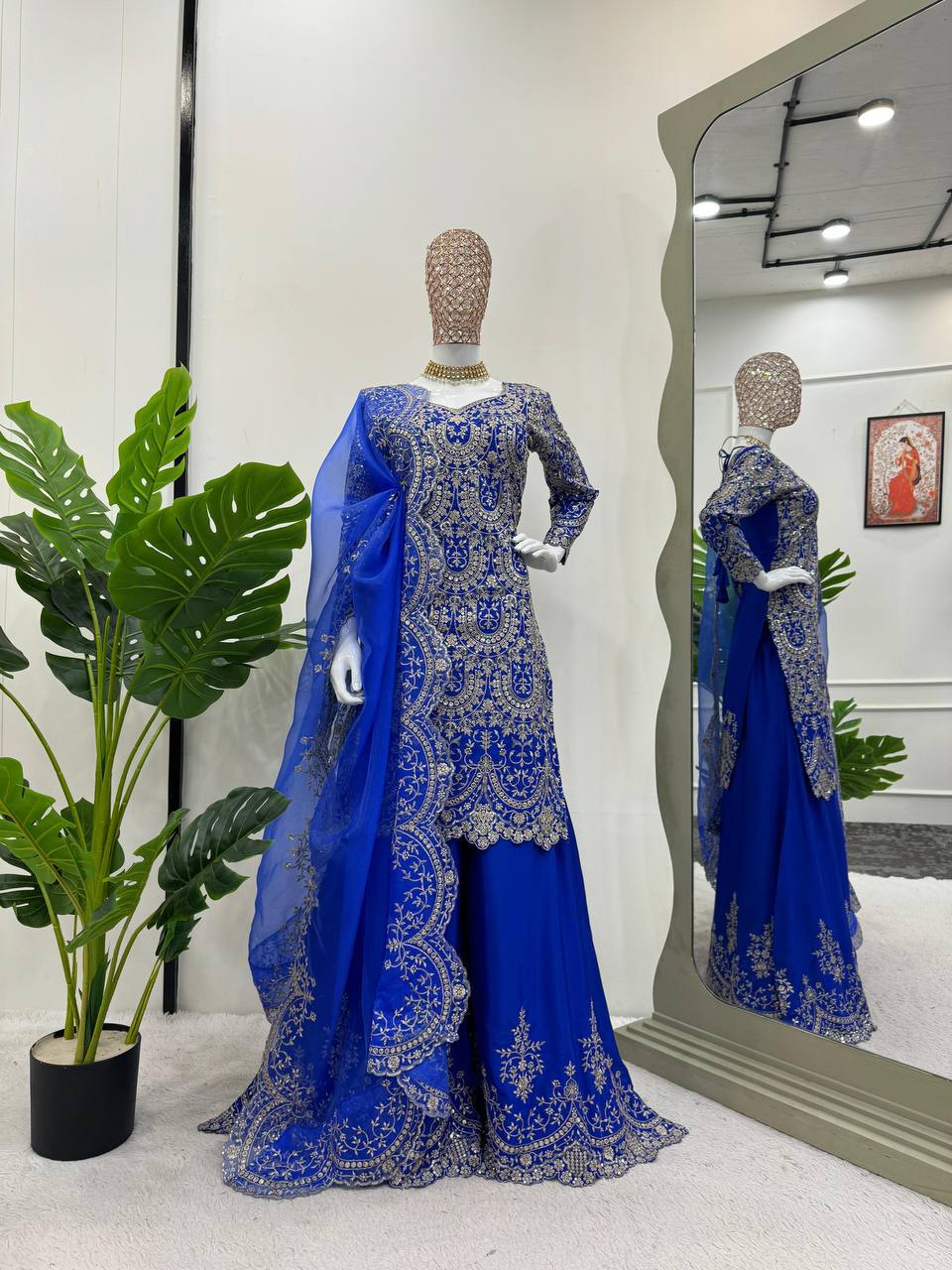 "Royal Blue Heavy Embroidered Plazo Suit with Net Dupatta"