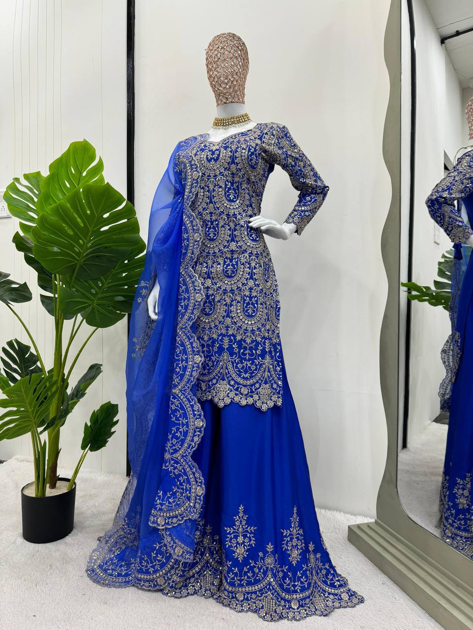 "Royal Blue Heavy Embroidered Plazo Suit with Net Dupatta"