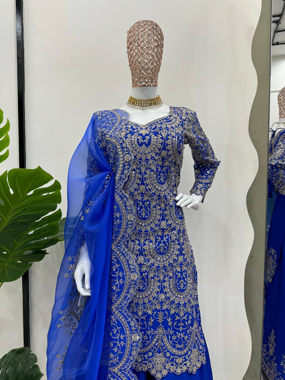 "Royal Blue Heavy Embroidered Plazo Suit with Net Dupatta"