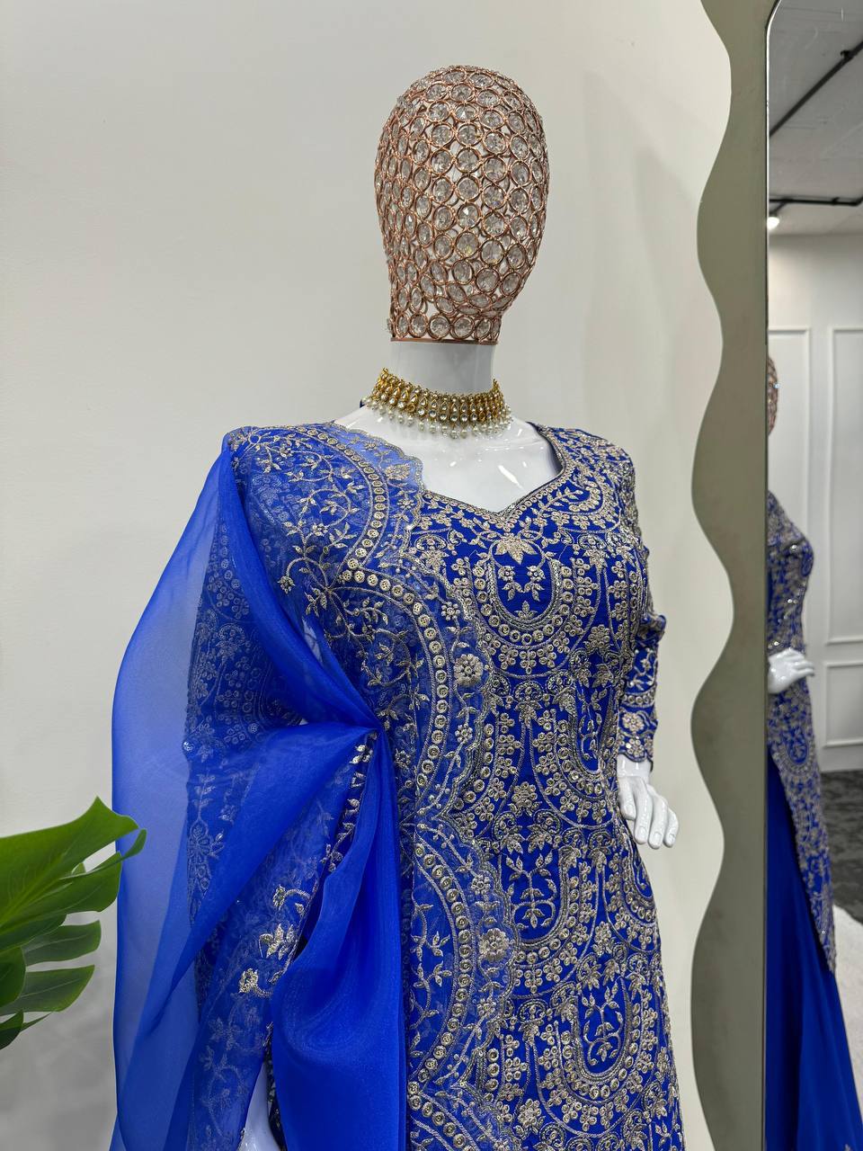 "Royal Blue Heavy Embroidered Plazo Suit with Net Dupatta"