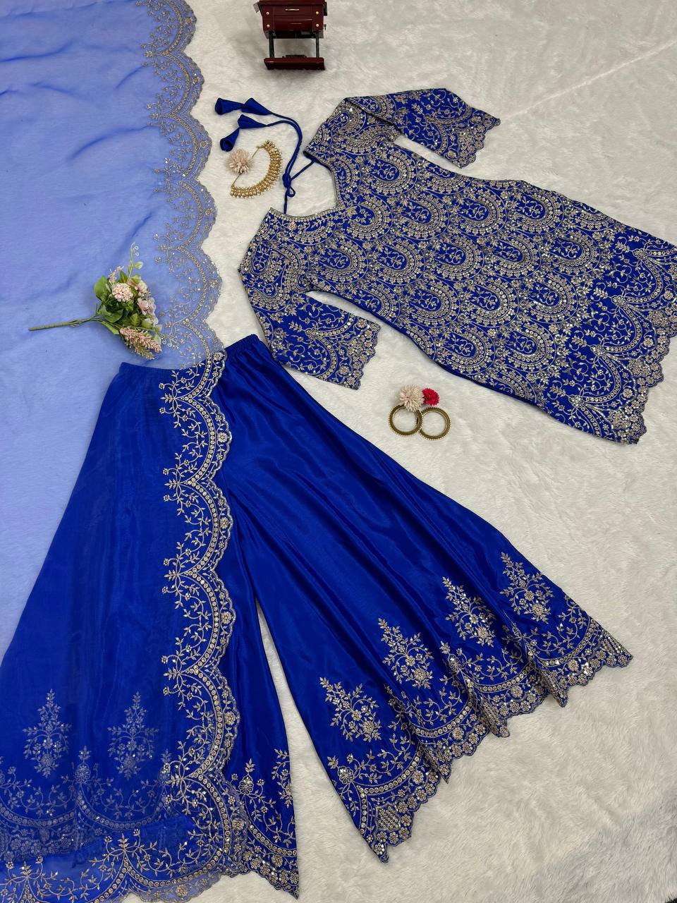 "Royal Blue Heavy Embroidered Plazo Suit with Net Dupatta"