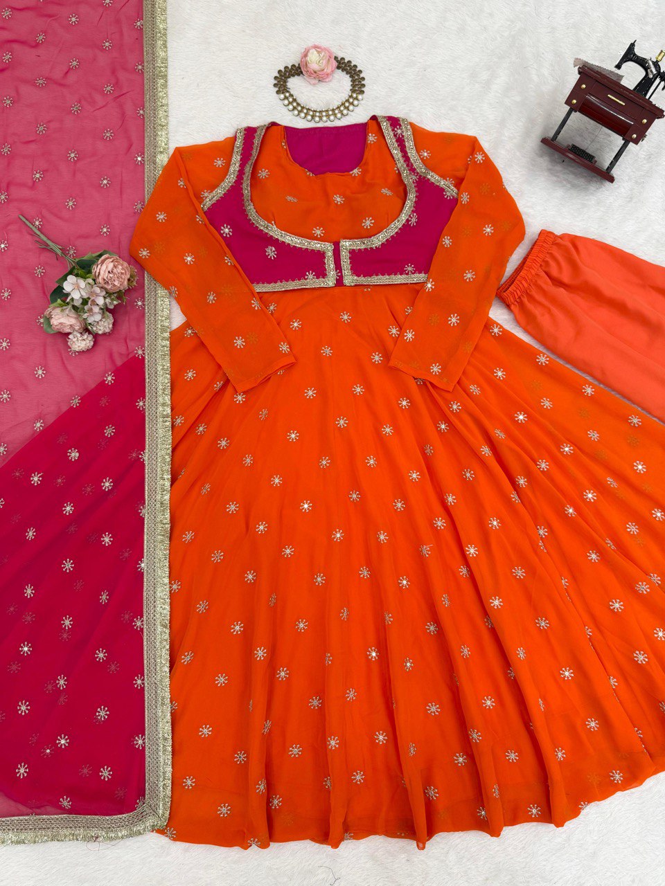 "Red Color Anarkali ,Koti ,Pent and Dupatta Set | Krushi Life Style"