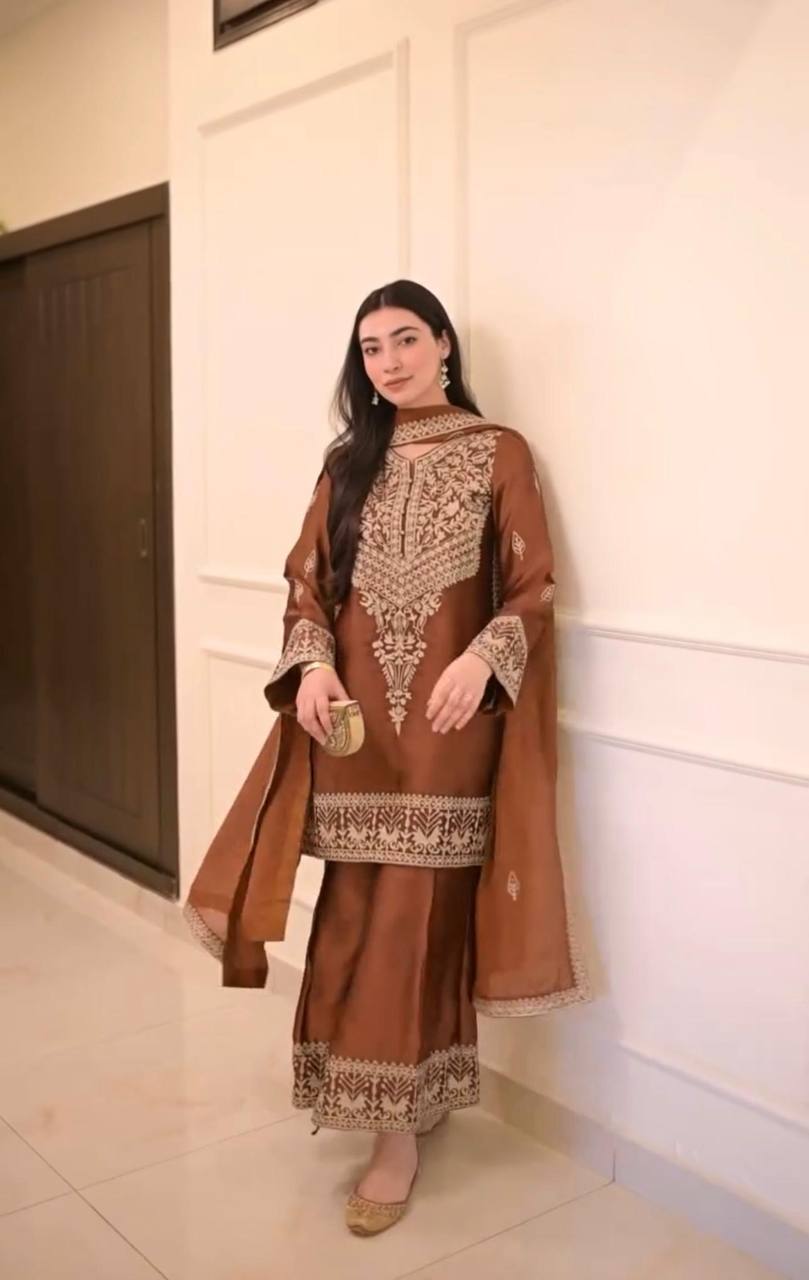 Rust Elegance Embroidered Palazzo Suit with Dupatta | Krushi Life Style