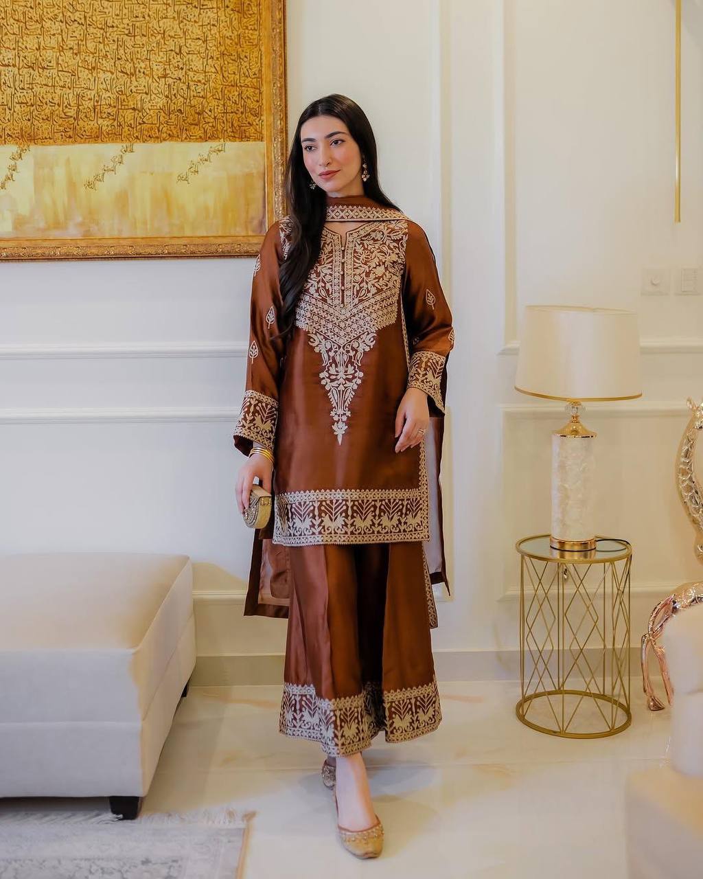 Rust Elegance Embroidered Palazzo Suit with Dupatta | Krushi Life Style