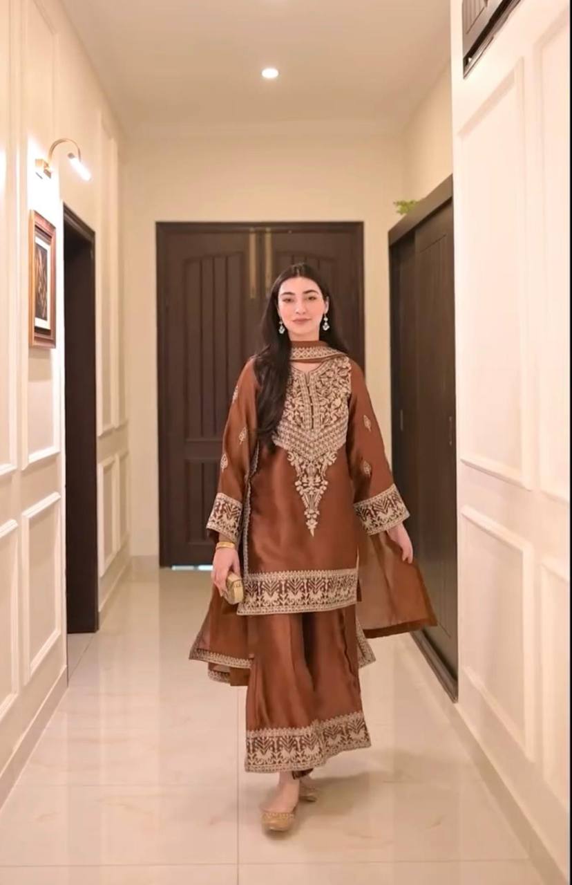 Rust Elegance Embroidered Palazzo Suit with Dupatta | Krushi Life Style
