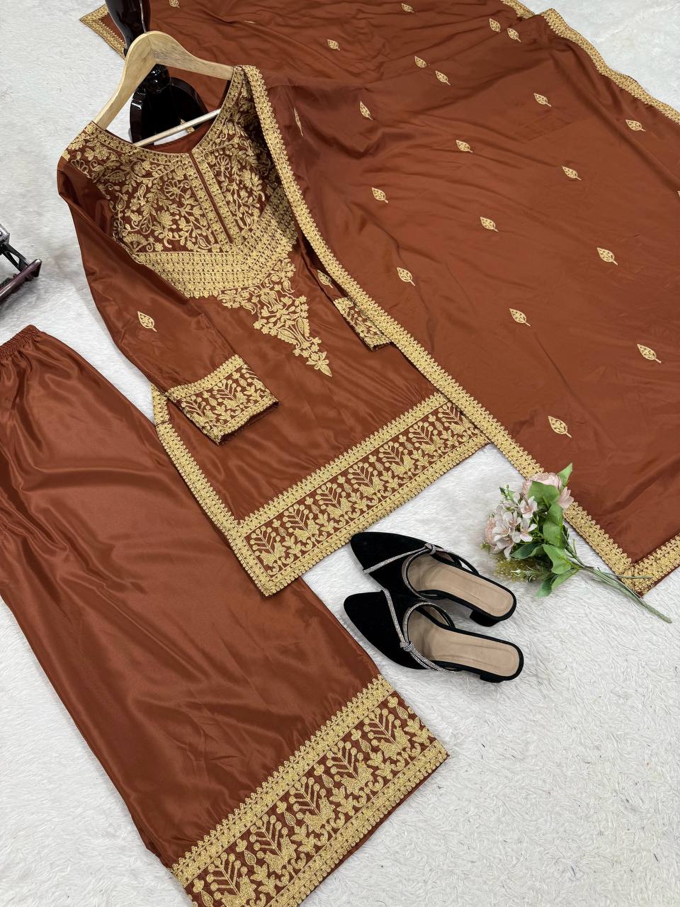 Rust Elegance Embroidered Palazzo Suit with Dupatta | Krushi Life Style