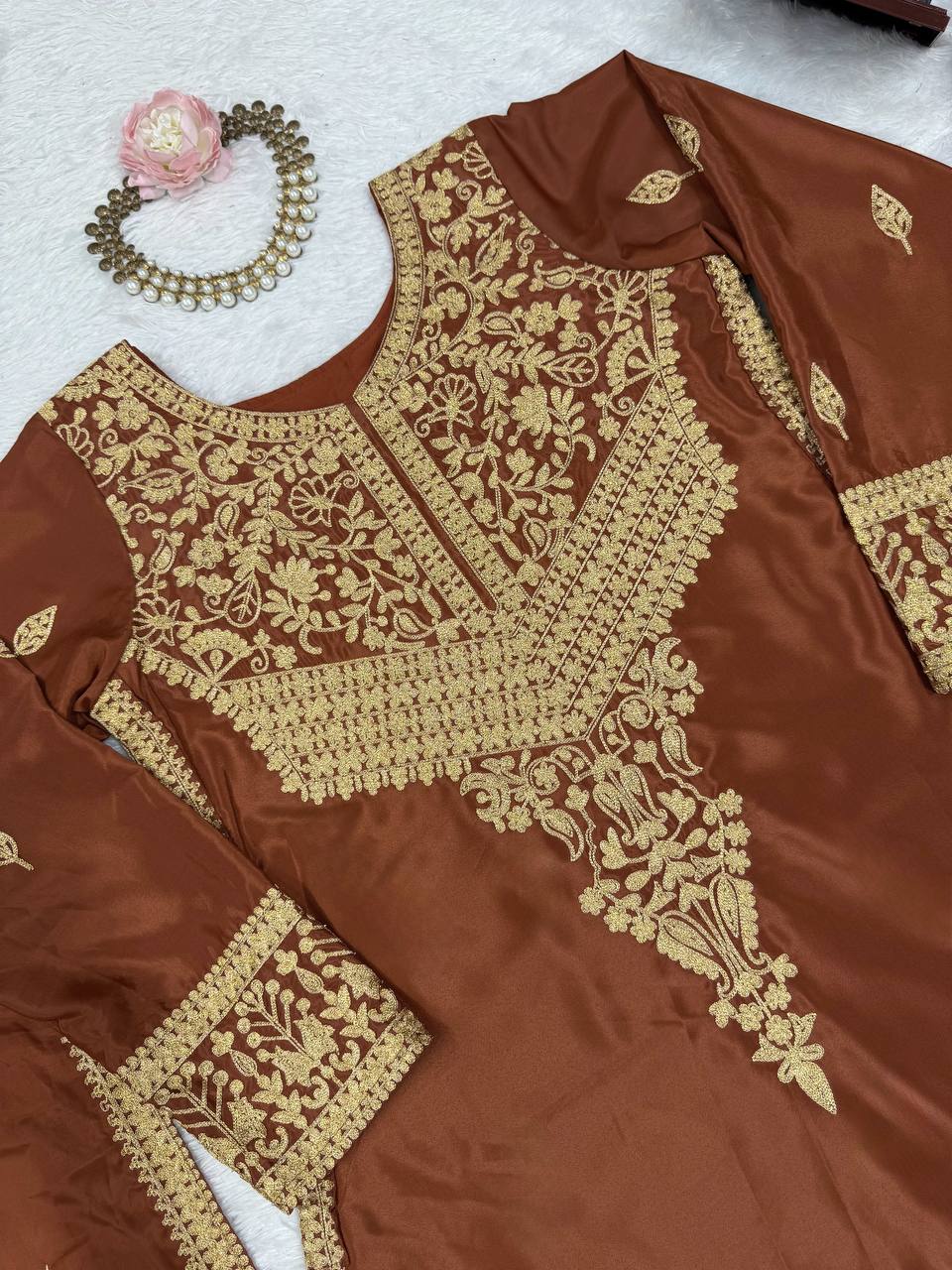 Rust Elegance Embroidered Palazzo Suit with Dupatta | Krushi Life Style