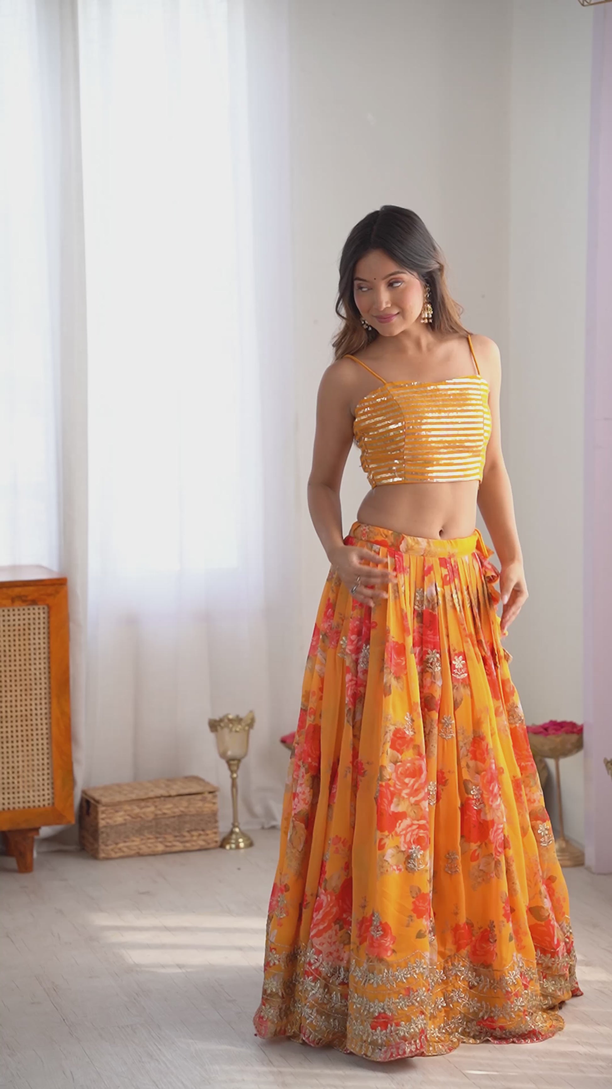 "Sunset Glow Floral Lehenga Set – Choli, Koti & Dupatta Elegance | Krushi Life Style"