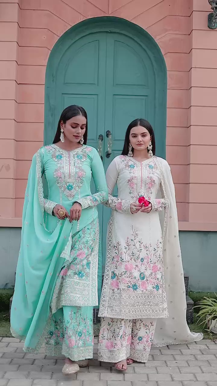 "Launching New 🦋 Đěsigner Party Wear Look Pur Chinon Silk Top Plazzo & Dupatta Set"