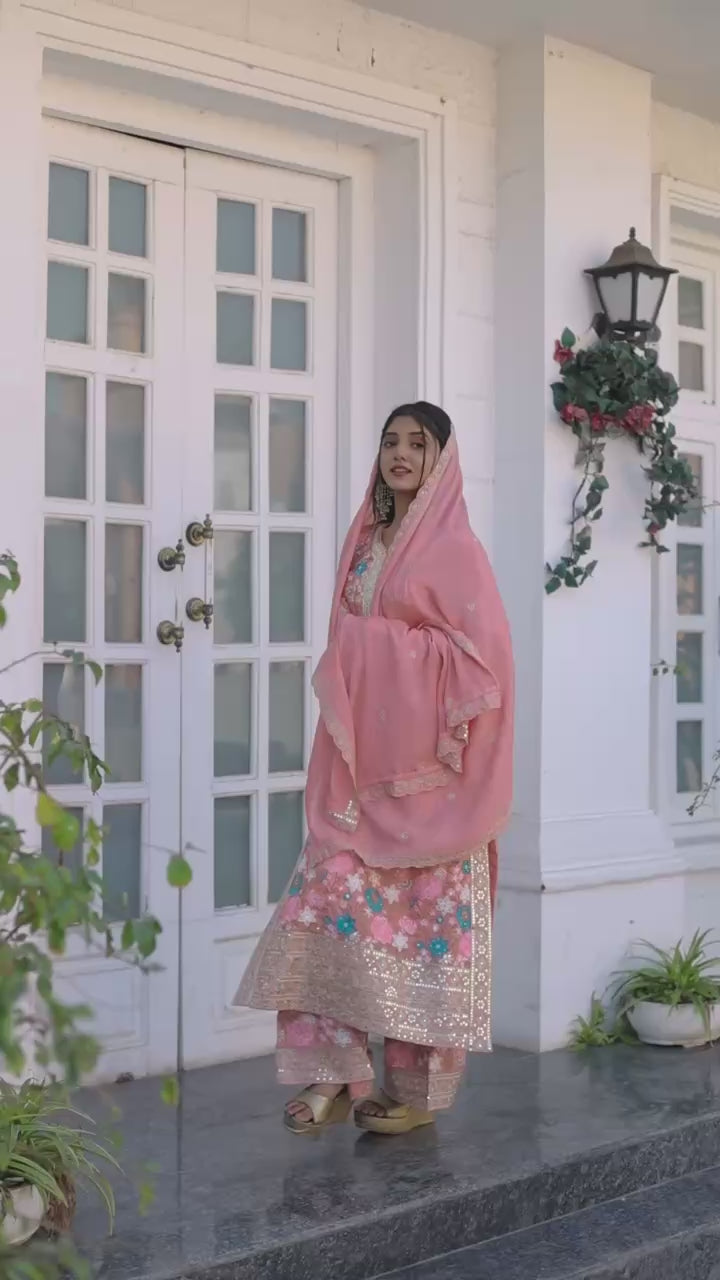 "Launching New 🦋 Đěsigner Party Wear Look Pur Chinon Silk Top Plazzo & Dupatta Set"