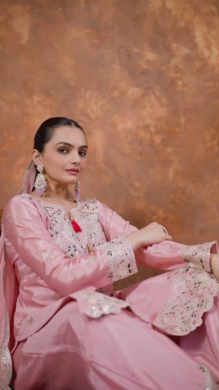 "Royal Radiance: Embroidered Sharara Suit Collection in Lavender, Lime & Blush | Krushi Life Style "