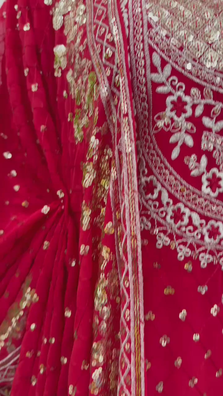 Green And Red Embroidered Sharara Suit with Dupatta Components: