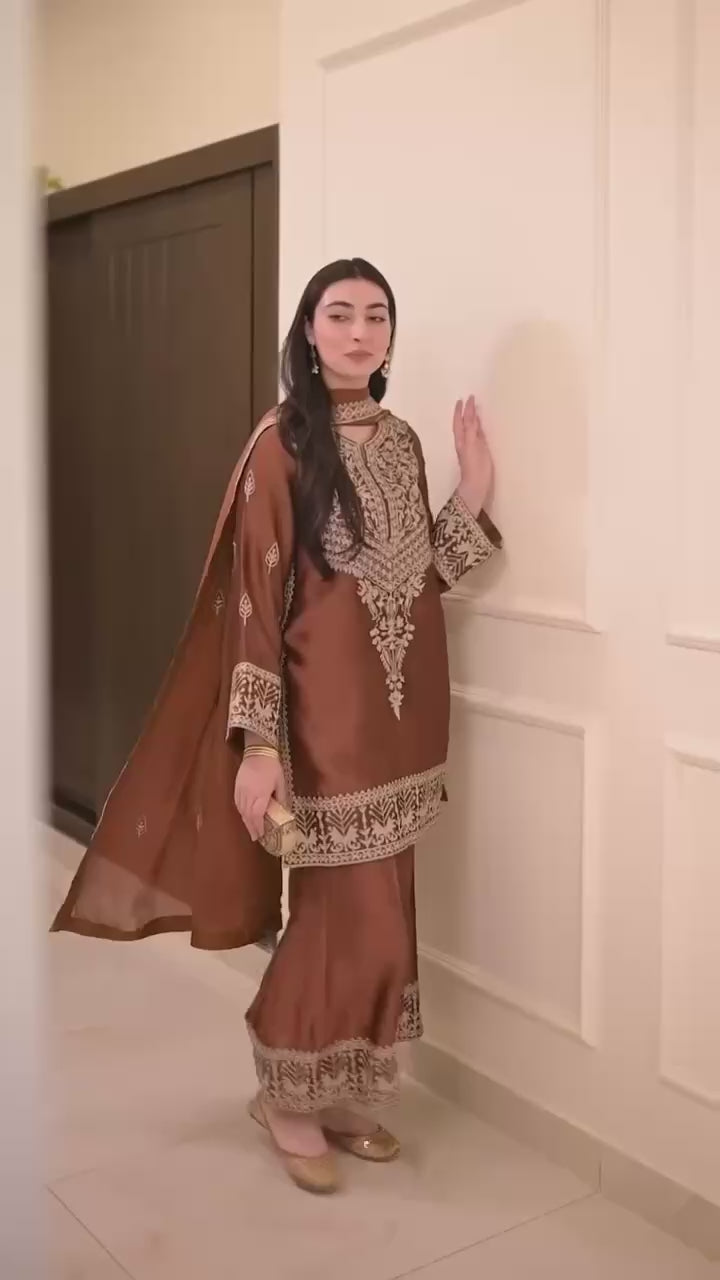 Rust Elegance Embroidered Palazzo Suit with Dupatta | Krushi Life Style