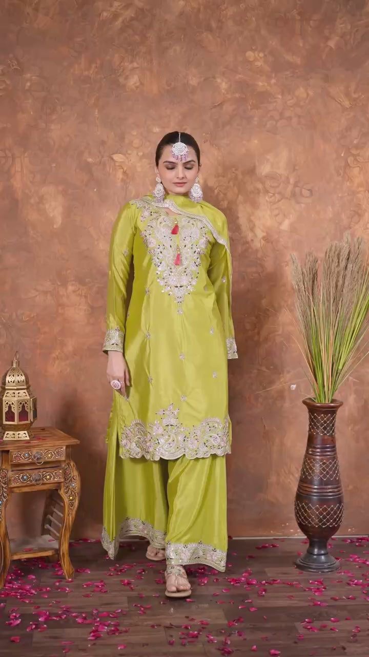 "Royal Radiance: Embroidered Sharara Suit Collection in Lavender, Lime & Blush | Krushi Life Style "
