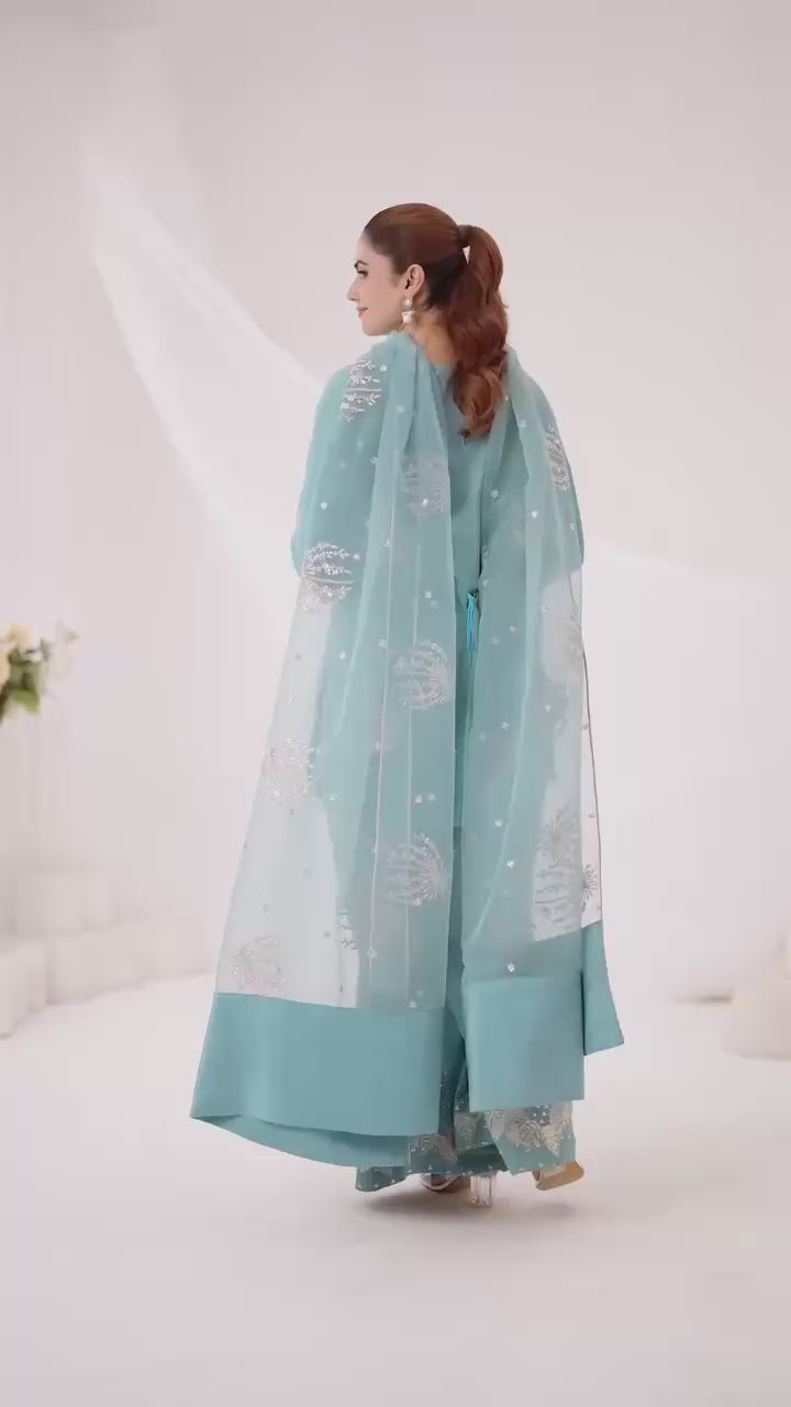 "Serene Teal Designer Kurta Set with Floral Accents | Krushi Life Style "