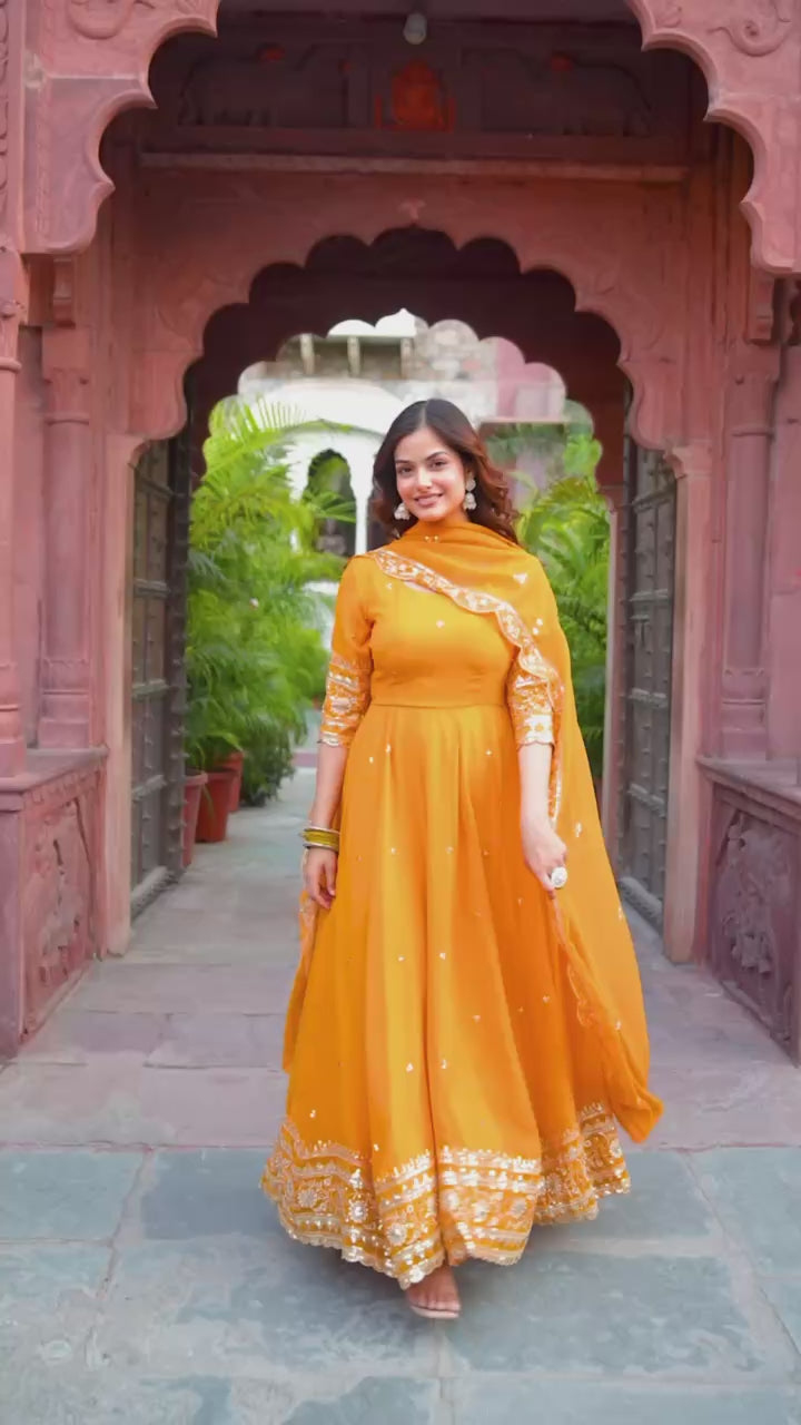 "Embroidered Gown with Pant and Dupatta Set | Krushi Life Style