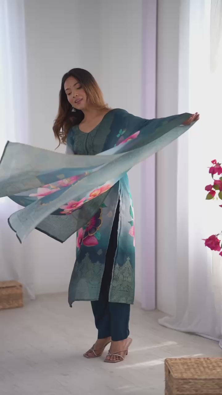 Elegant Floral Kurta Sets – Graceful Golden & Teal Designs for Festive Charm | Krushi Life Style