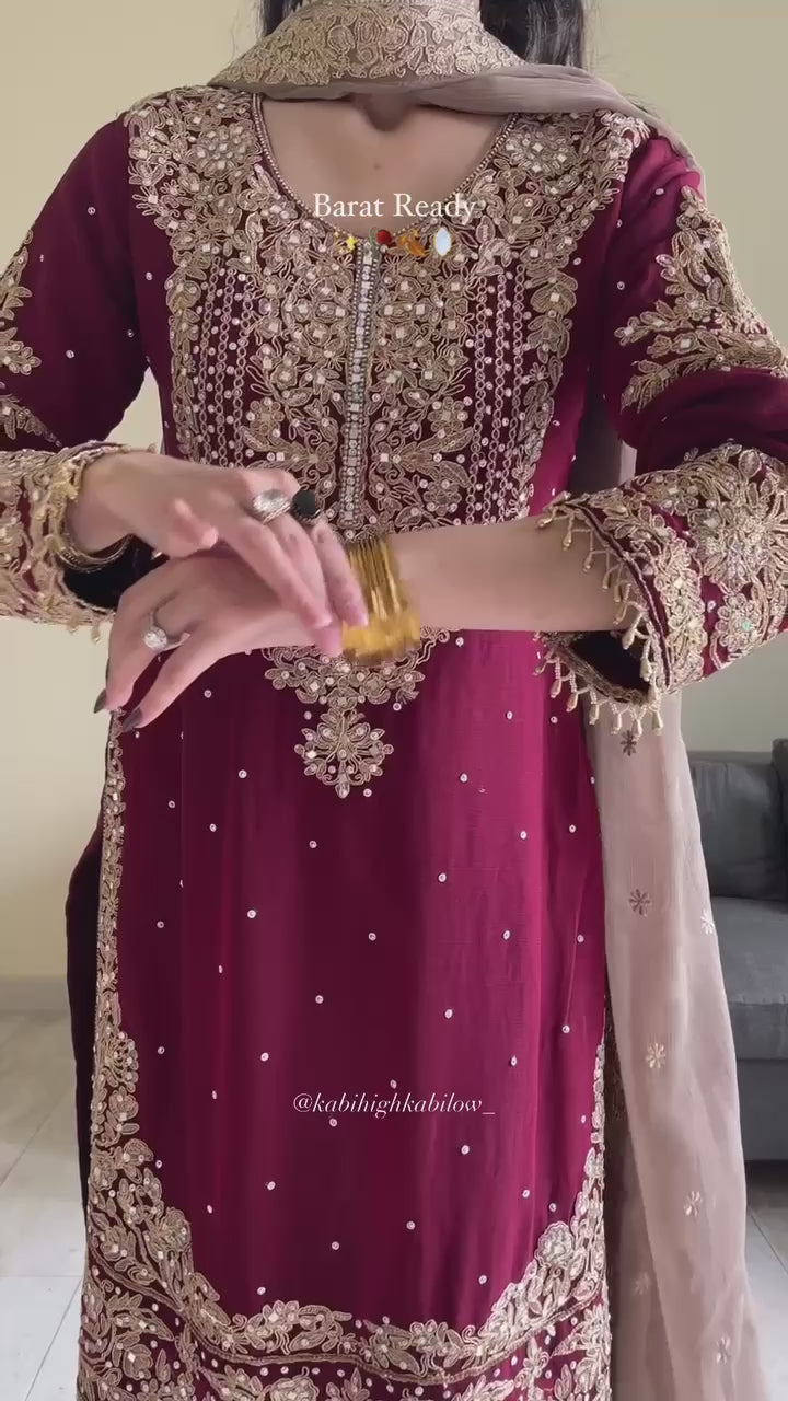 "Classic Maroon Kurta with Gold Sharara & Dupatta | Krushi Life Style "