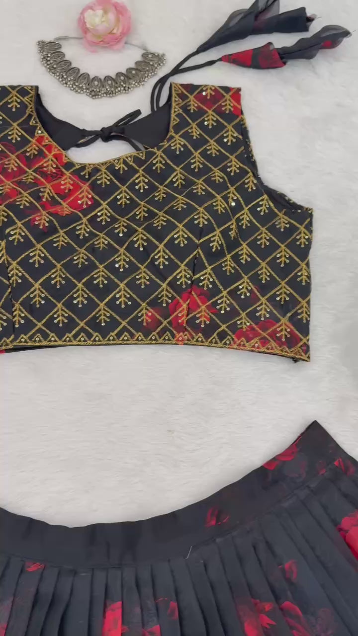 "Elegant Black Floral Lehenga with Golden Embroidery & Dupatta | Krushi Life Style
